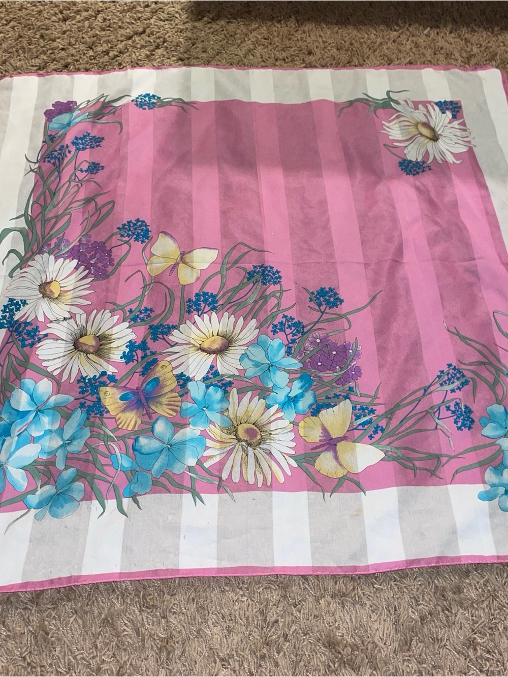 Floral Pink Silk-Feel Scarf with Blue Accents